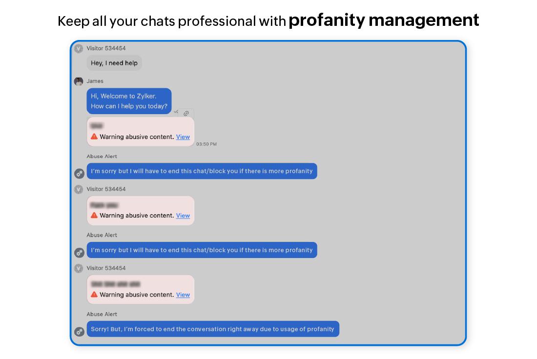Zoho SalesIQ - Configure bots para bloquear automaticamente os IPs que utilizam linguagem abusiva, protegendo os agentes da melhor maneira possível.