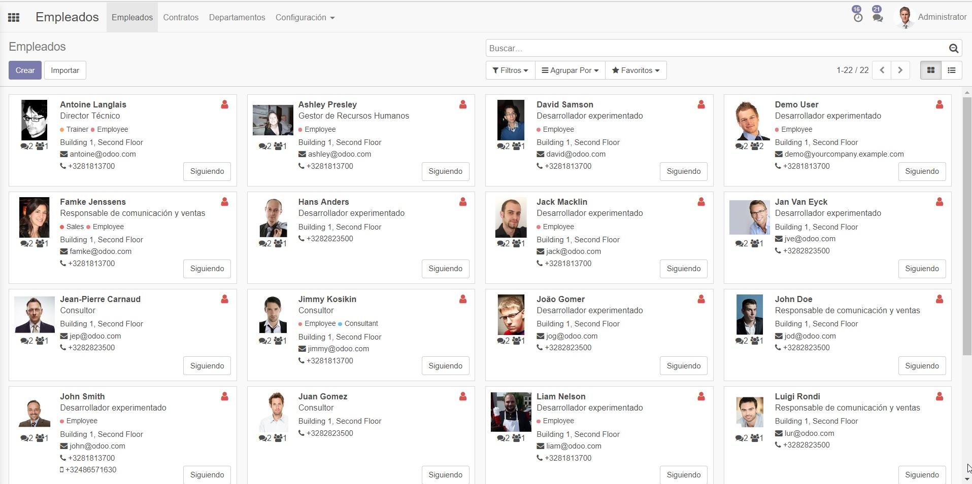 Odoo CRM-Módulo de Empleados vista cuadrícula Odoo CRM-Módulo de Empleados vista cuadrícula