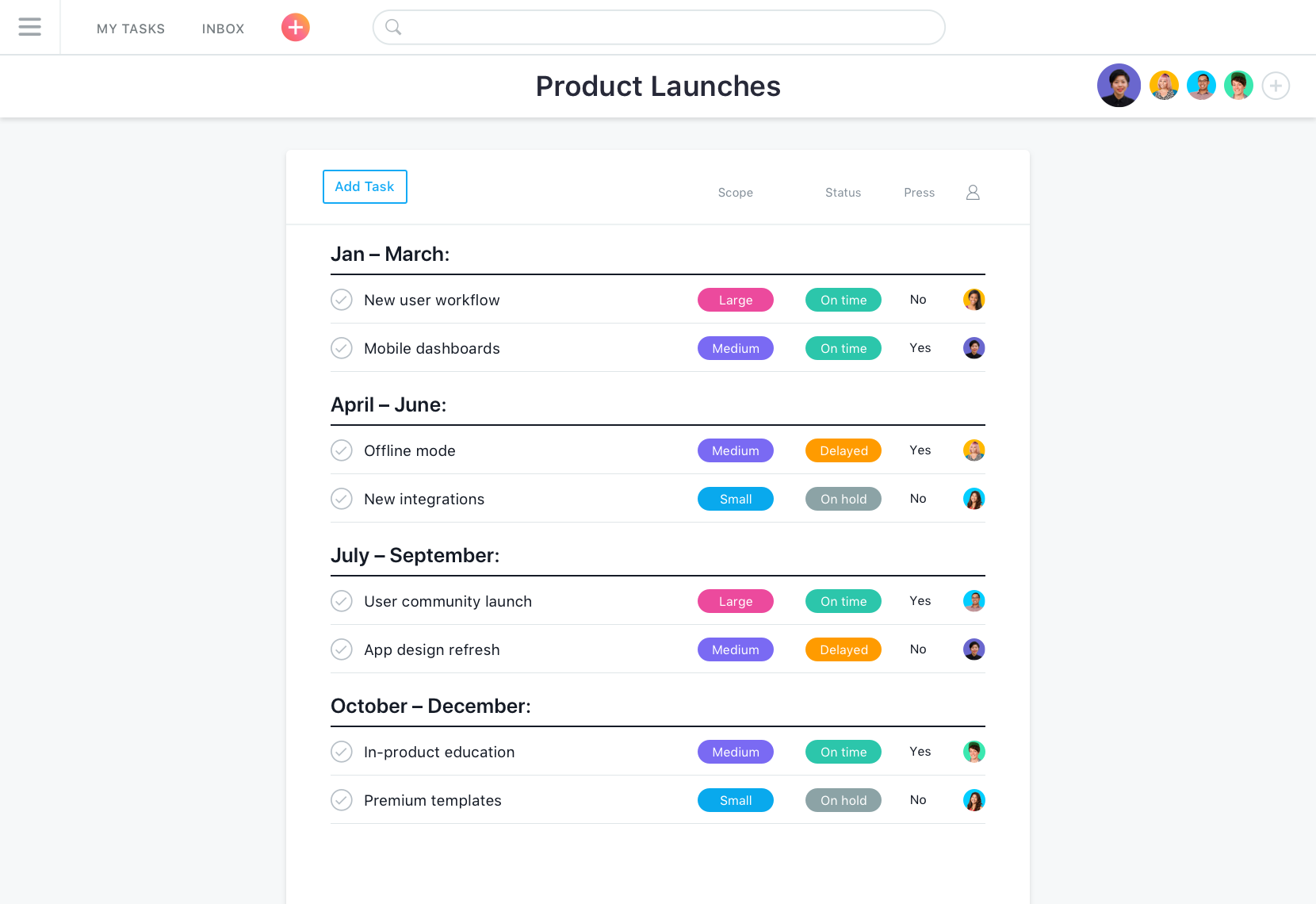Lançamentos de produtos em Asana Lançamentos de produtos em Asana